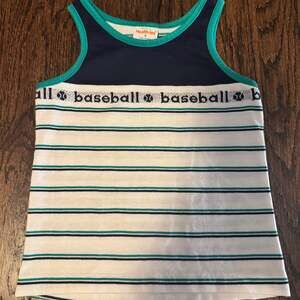 VINTAGE Healthtex Baby League Blue and Teal Striped White Tank Top Size 6